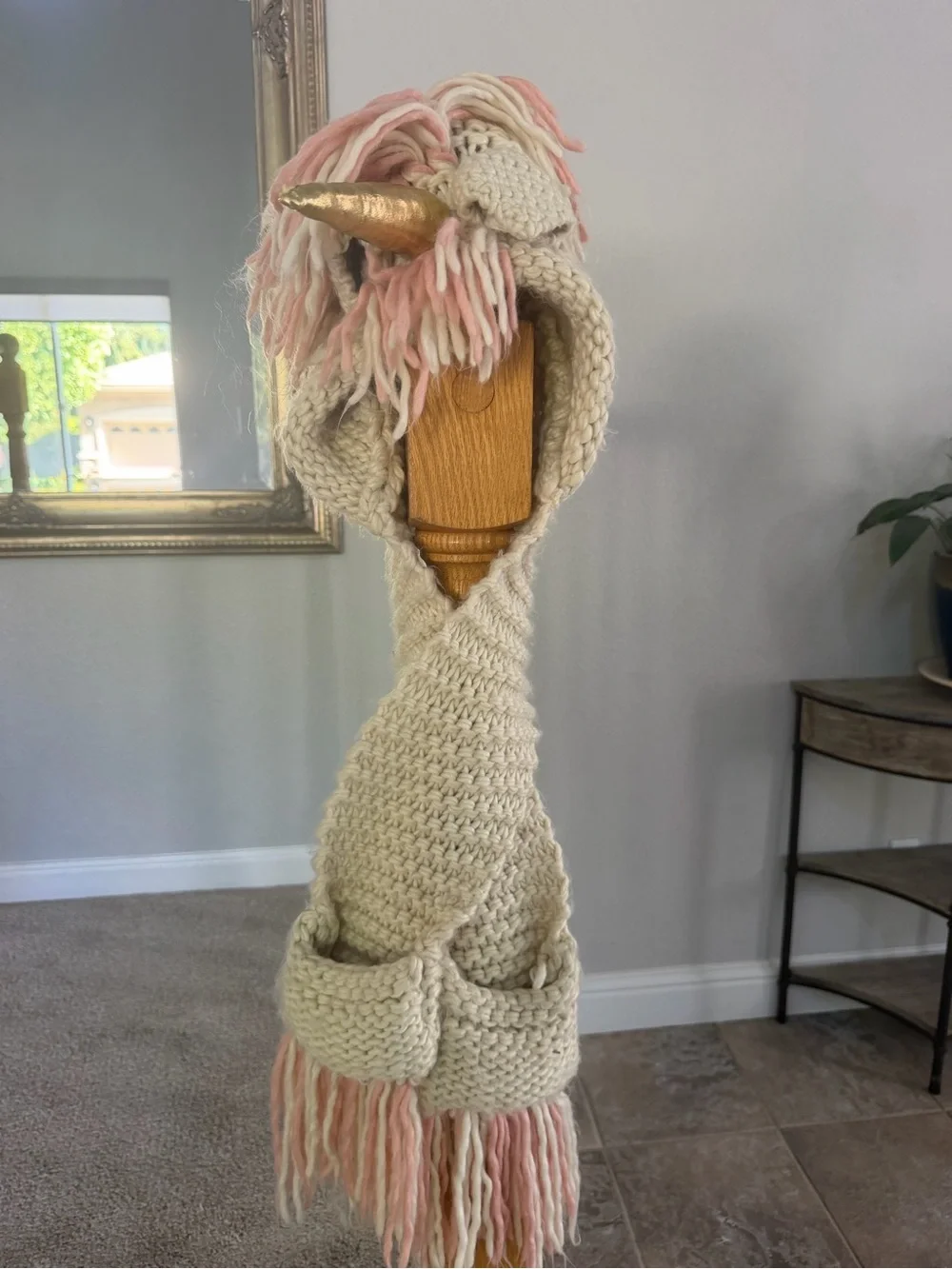 Handmade Cream Unicorn Hooded Scarf with Pink Mane